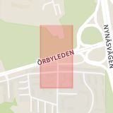 Karta som med röd fyrkant ramar in Örbyleden, Söndagsvägen, Stockholm, Stockholms län