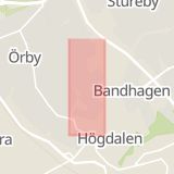 Karta som med röd fyrkant ramar in Bandhagen, Skebokvarnsvägen, Stockholm, Stockholms län