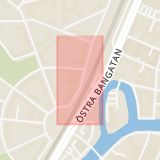 Karta som med röd fyrkant ramar in Olaigatan, Västra Bangatan, Örebro, Örebro län