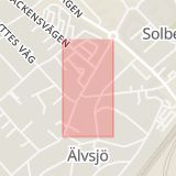 Karta som med röd fyrkant ramar in Solberga, Sjättenovembervägen, Älvsjövägen, Stockholm, Stockholms län