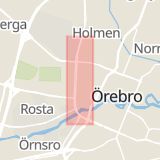 Karta som med röd fyrkant ramar in Örebro, Markbacken, Hertig Karls Allé, Svartån, Askersund, Örebro län