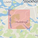 Karta som med röd fyrkant ramar in Huddingevägen, Huddinge, Stockholms län