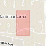 Karta som med röd fyrkant ramar in Hedgatan, Tackjärnsgatan, Baronbackarna, Örebro, Örebro län