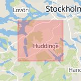 Karta som med röd fyrkant ramar in Huddingevägen, Stockholms län