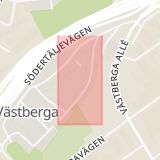 Karta som med röd fyrkant ramar in Västberga, Dansbanevägen, Stockholm, Stockholms län