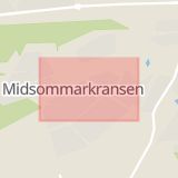 Karta som med röd fyrkant ramar in Kransbindarvägen, Midsommarkransen, Stockholm, Stockholms län