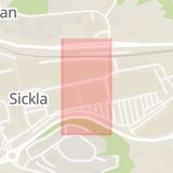 Karta som med röd fyrkant ramar in Sickla, Sickla Köpkvarter, Nacka, Stockholms län