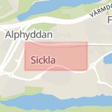 Karta som med röd fyrkant ramar in Sickla Köpkvarter, Nacka, Stockholms län