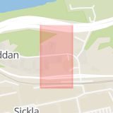 Karta som med röd fyrkant ramar in Alphyddan, Alphyddevägen, Nacka, Stockholms län