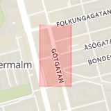 Karta som med röd fyrkant ramar in Götgatan, Åsögatan, Stockholm, Stockholms län