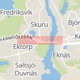Karta som med röd fyrkant ramar in Värmdöleden, Trafikplats Skvaltan, Trafikplats Skuru, Nacka, Stockholms län