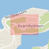Karta som med röd fyrkant ramar in Tre Kronors Väg, Kvarnholmen, Nacka, Stockholms län