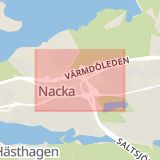 Karta som med röd fyrkant ramar in Värmdö, Trafikplats Skvaltan, Nacka, Stockholms län