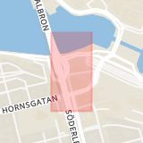 Karta som med röd fyrkant ramar in Södermalm, Hornsgatan, Slussen, Stockholm, Stockholms län