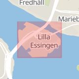Karta som med röd fyrkant ramar in Stadshagen, Fredhäll, Lilla Essingen, Stockholm, Stockholms län