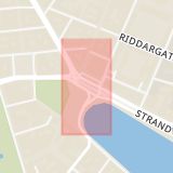 Karta som med röd fyrkant ramar in Nybroplan, Stureplan, Hans Väg, Stockholm, Stockholms län