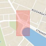 Karta som med röd fyrkant ramar in Nybroplan, Östermalm, Stockholm, Stockholms län