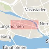 Karta som med röd fyrkant ramar in Norrmalm, Kungsholmen, Östermalm, Lidingö Kommun, Fridhemsplan, Fleminggatan, Sveavägen, Djurgårdsbrunnsvägen, Stockholm, Stockholms län