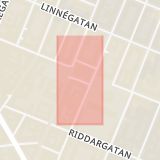 Karta som med röd fyrkant ramar in Östermalm, Nybrogatan, Stockholm, Stockholms län