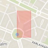 Karta som med röd fyrkant ramar in Östermalm, Karlaplan, Värtavägen, Stockholm, Stockholms län