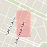 Karta som med röd fyrkant ramar in Östermalm, Östermalmsgatan, Artillerigatan, Valhallavägen, Stockholm, Stockholms län