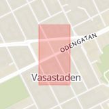 Karta som med röd fyrkant ramar in Vasastan, Odengatan, Upplandsgatan, Stockholm, Stockholms län