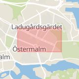 Karta som med röd fyrkant ramar in Östermalm, Valhallavägen, Gärdet, Stockholm, Stockholms län