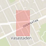 Karta som med röd fyrkant ramar in Odenplan, Odengatan, Sveavägen, Kungsgatan, Birger Jarlsgatan, Smålandsgatan, Norrmalmstorg, Stockholm, Stockholms län