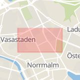 Karta som med röd fyrkant ramar in Rådmansgatan, Stockholm, Stockholms län