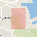 Karta som med röd fyrkant ramar in Gärdet, Sandhamnsgatan, Stockholm, Stockholms län