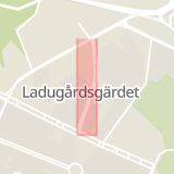 Karta som med röd fyrkant ramar in Gärdet, Erik Dahlbergsgatan, Stockholm, Stockholms län