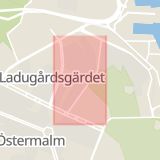 Karta som med röd fyrkant ramar in Värtavägen, Gärdet, Valhallavägen, Stockholm, Stockholms län