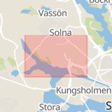 Karta som med röd fyrkant ramar in Huvudsta, Solna, Stockholms län