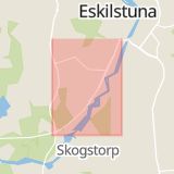 Karta som med röd fyrkant ramar in Södermanland, Eskilstuna, Skogstorpsvägen, Vingåker, Sävstaholmsvägen, Södermanlands län