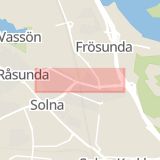 Karta som med röd fyrkant ramar in Hagalund, Råsundavägen, Solna, Stockholms län