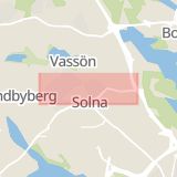 Karta som med röd fyrkant ramar in Ulriksdal, Trafikplats Järva Krog, Råsundavägen, Solna, Stockholms län