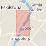 Karta som med röd fyrkant ramar in Södermanland, Kyrkogatan, Eskilstuna, Trosa, Södermanlands län