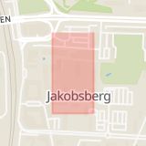 Karta som med röd fyrkant ramar in Jakobsbergs Centrum, Gustavsberg, Hornstull, Stockholm, Stockholms län