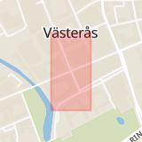 Karta som med röd fyrkant ramar in Stora Gatan, Vasagatan, Västerås, Västmanlands län