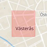 Karta som med röd fyrkant ramar in Smedjegatan, Västerås, Västmanlands län