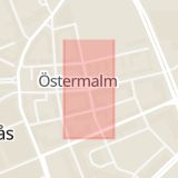 Karta som med röd fyrkant ramar in Östermalm, Västerås, Västmanlands län