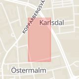 Karta som med röd fyrkant ramar in Metallverksgatan, Östra Kyrkogården, Västerås, Västmanlands län