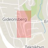 Karta som med röd fyrkant ramar in Gideonsbergsgatan, Långmårtensgatan, Västerås, Västmanlands län