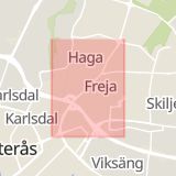 Karta som med röd fyrkant ramar in Malmabergsgatan, Västerås, Västmanlands län