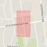Karta som med röd fyrkant ramar in Stationsgatan, Sätunavägen, Märsta, Sigtuna, Stockholms län