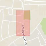 Karta som med röd fyrkant ramar in Baldersgatan, Hemvägen, Norrtälje, Stockholms län