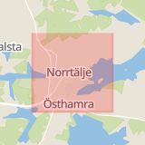 Karta som med röd fyrkant ramar in Kristinelundsstigen, Norrtälje, Stockholms län