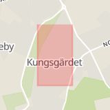Karta som med röd fyrkant ramar in Tegelgatan, Rotebro, Uppsala, Uppsala län