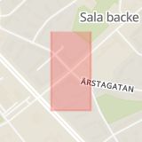 Karta som med röd fyrkant ramar in Årstagatan, Hjalmar Brantingsgatan, Uppsala, Uppsala län