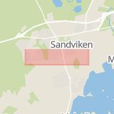 Karta som med röd fyrkant ramar in Fredriksgatan, Sandviken, Gävleborgs län